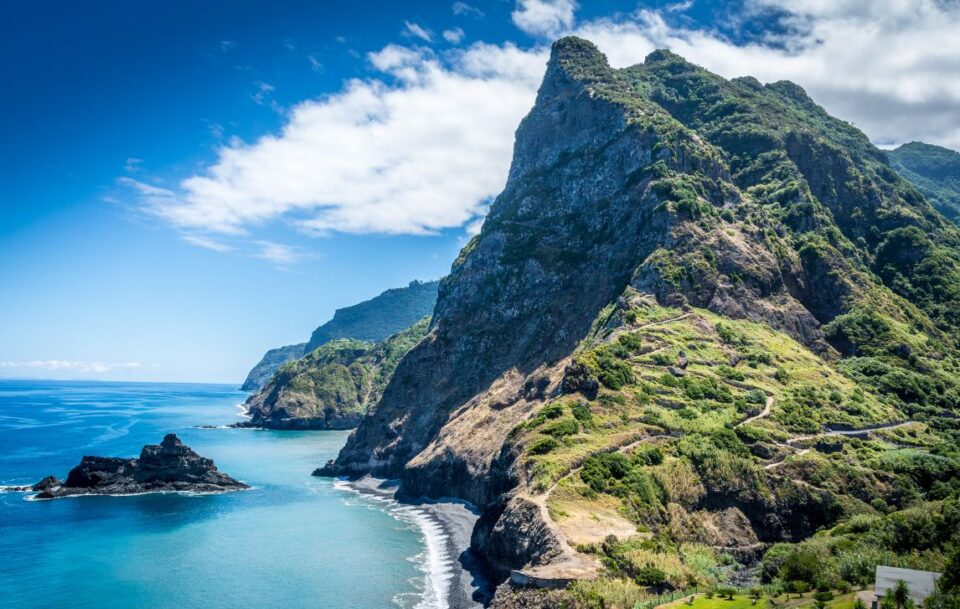 Striking ocean cliffs in Madeira Island Portugal.