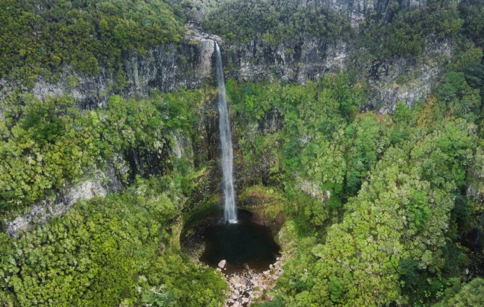 Risco waterfall cascading down lush green cliffs in Madeira.