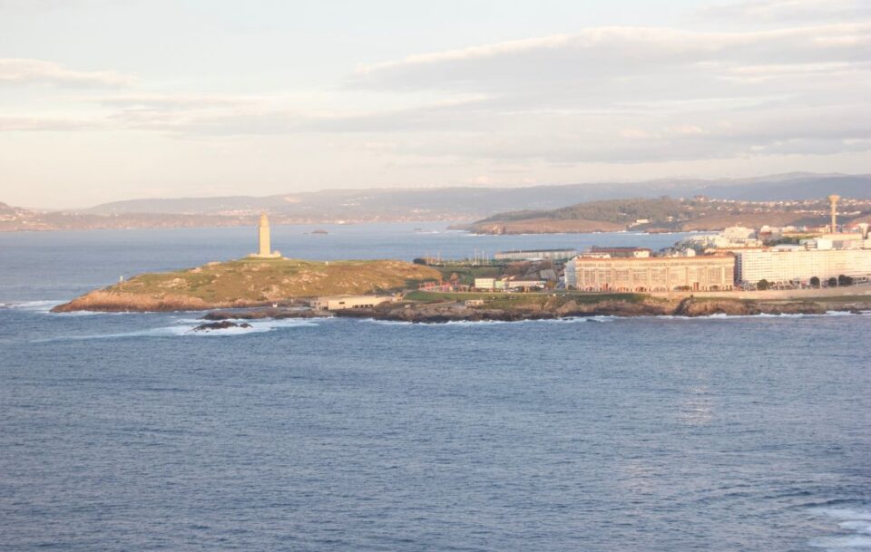 Aerial view of coastline and lighthouse. Camino Ingles.